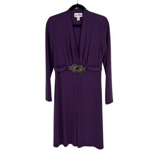 Joseph Ribkoff Metallic Buckle Waist Long Sleeve Draped Jersey Dress Purple Sz10